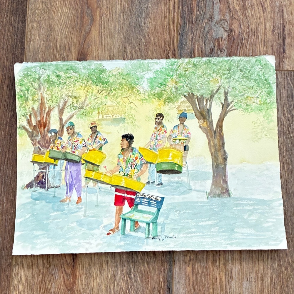 Pan Music Mayreau 1990 Steel Drum Band Art Warren C Plauche Original Watercolor